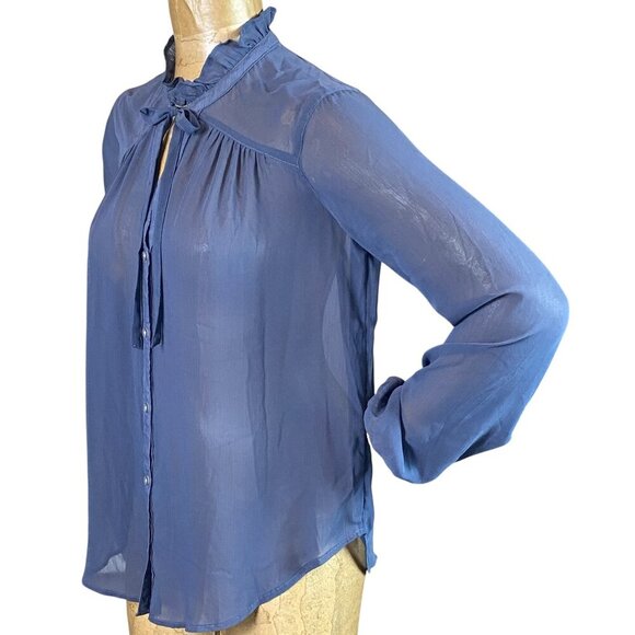 Hollister Sheer Long Sleeve Button-Down Tie Neck Blouse S Blue #310L - Picture 4 of 6